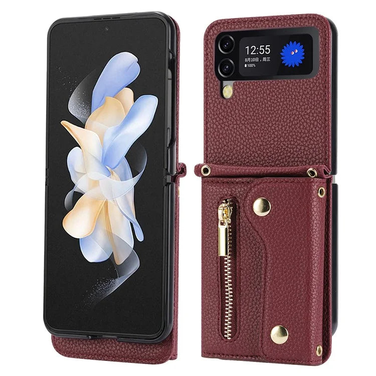 For Samsung Galaxy Z Flip4 5G Back Case PU Leather Zipper Wallet Phone Cover with Shoulder Strap