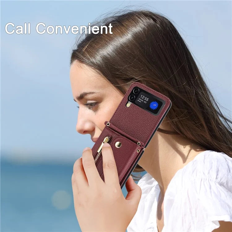 For Samsung Galaxy Z Flip4 5G Back Case PU Leather Zipper Wallet Phone Cover with Shoulder Strap