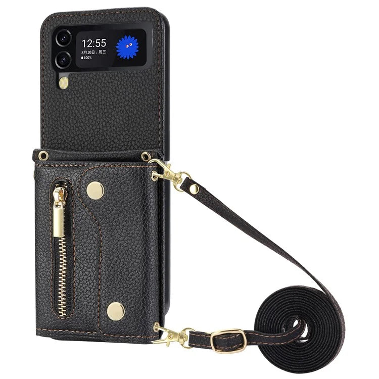 For Samsung Galaxy Z Flip4 5G Back Case PU Leather Zipper Wallet Phone Cover with Shoulder Strap