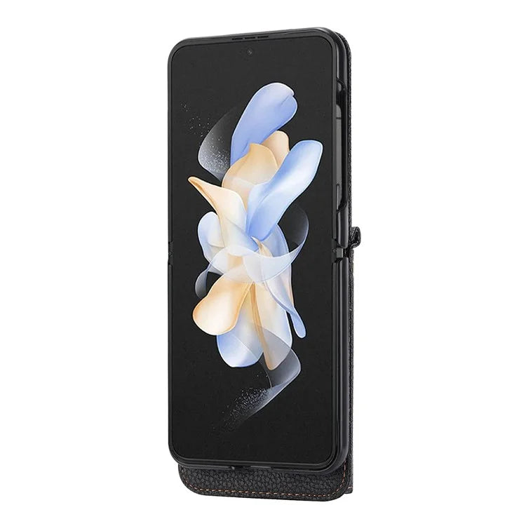 For Samsung Galaxy Z Flip4 5G Back Case PU Leather Zipper Wallet Phone Cover with Shoulder Strap