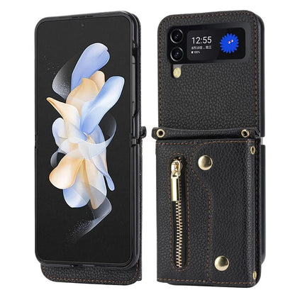 For Samsung Galaxy Z Flip4 5G Back Case PU Leather Zipper Wallet Phone Cover with Shoulder Strap
