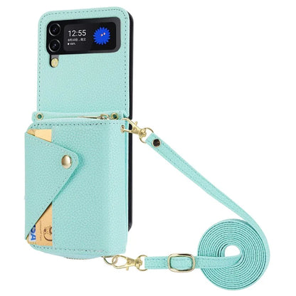 For Samsung Galaxy Z Flip3 5G Back Case PU Leather Zipper Wallet Phone Cover with Detachable Lanyard