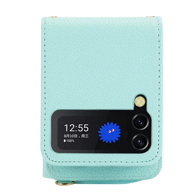For Samsung Galaxy Z Flip3 5G Back Case PU Leather Zipper Wallet Phone Cover with Detachable Lanyard