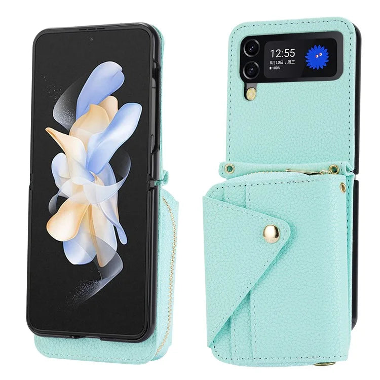 For Samsung Galaxy Z Flip3 5G Back Case PU Leather Zipper Wallet Phone Cover with Detachable Lanyard