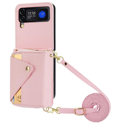 For Samsung Galaxy Z Flip3 5G Back Case PU Leather Zipper Wallet Phone Cover with Detachable Lanyard