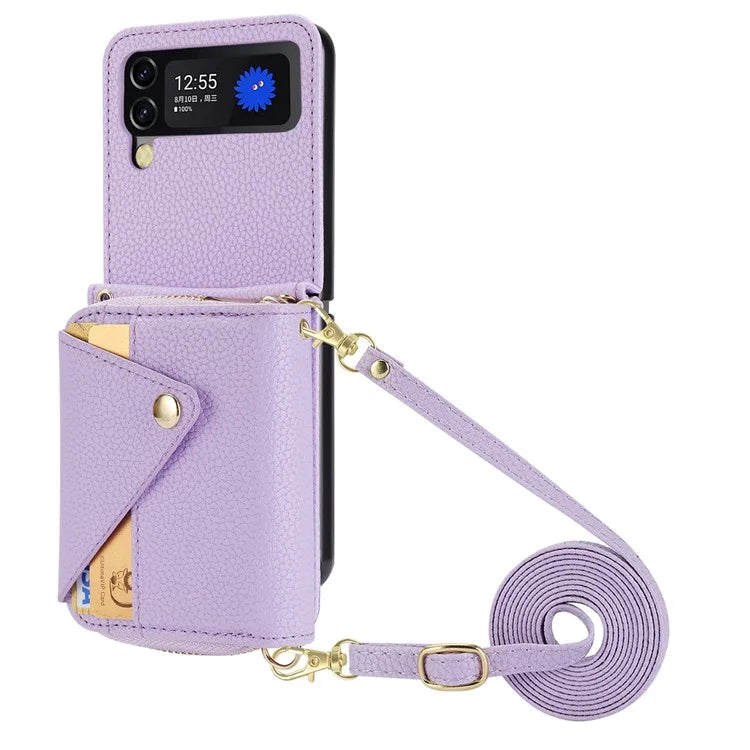 For Samsung Galaxy Z Flip3 5G Back Case PU Leather Zipper Wallet Phone Cover with Detachable Lanyard