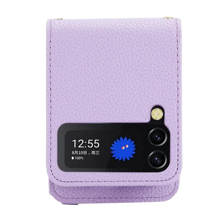 For Samsung Galaxy Z Flip3 5G Back Case PU Leather Zipper Wallet Phone Cover with Detachable Lanyard