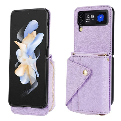 For Samsung Galaxy Z Flip3 5G Back Case PU Leather Zipper Wallet Phone Cover with Detachable Lanyard