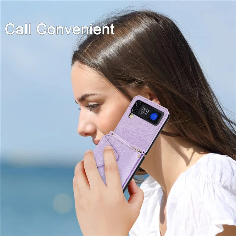 For Samsung Galaxy Z Flip3 5G Back Case PU Leather Zipper Wallet Phone Cover with Detachable Lanyard