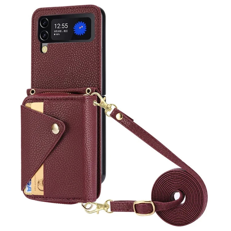 For Samsung Galaxy Z Flip3 5G Back Case PU Leather Zipper Wallet Phone Cover with Detachable Lanyard