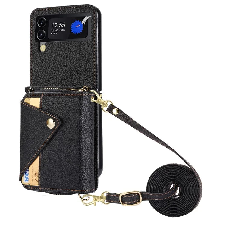 For Samsung Galaxy Z Flip3 5G Back Case PU Leather Zipper Wallet Phone Cover with Detachable Lanyard