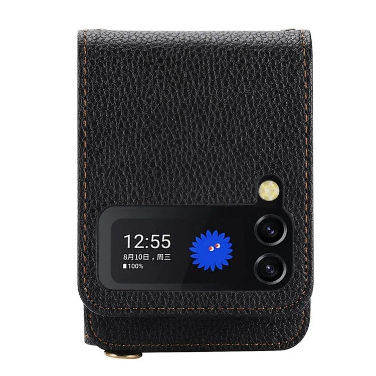For Samsung Galaxy Z Flip3 5G Back Case PU Leather Zipper Wallet Phone Cover with Detachable Lanyard