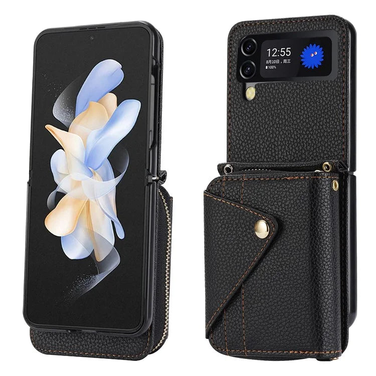 For Samsung Galaxy Z Flip3 5G Back Case PU Leather Zipper Wallet Phone Cover with Detachable Lanyard