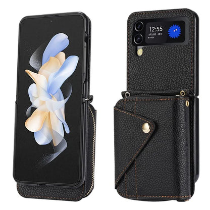 For Samsung Galaxy Z Flip3 5G Back Case PU Leather Zipper Wallet Phone Cover with Detachable Lanyard