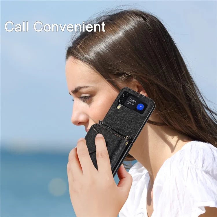 For Samsung Galaxy Z Flip3 5G Back Case PU Leather Zipper Wallet Phone Cover with Detachable Lanyard