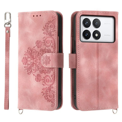 For Xiaomi Redmi K70E 5G / Xiaomi Poco X6 Pro 5G Crossbody Leather Cover Flower Pattern Wallet Case with 2 Straps