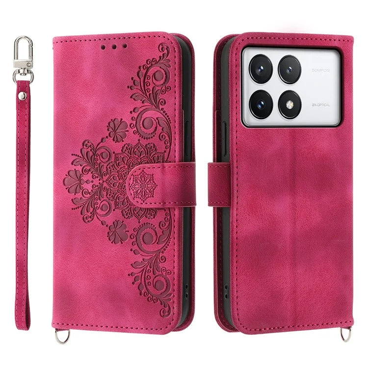 For Xiaomi Redmi K70E 5G / Xiaomi Poco X6 Pro 5G Crossbody Leather Cover Flower Pattern Wallet Case with 2 Straps