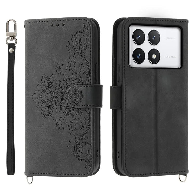 For Xiaomi Redmi K70E 5G / Xiaomi Poco X6 Pro 5G Crossbody Leather Cover Flower Pattern Wallet Case with 2 Straps