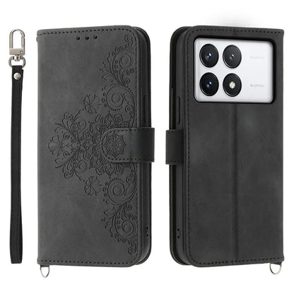 For Xiaomi Redmi K70E 5G / Xiaomi Poco X6 Pro 5G Crossbody Leather Cover Flower Pattern Wallet Case with 2 Straps