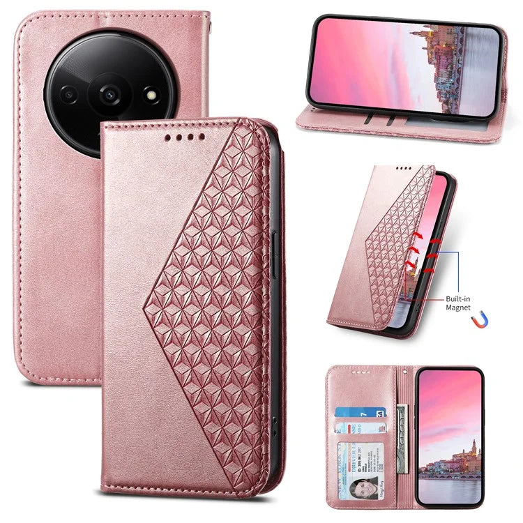 For Xiaomi Redmi A3 Case PU Leather+TPU Rhombus Imprinted Phone Cover Wallet