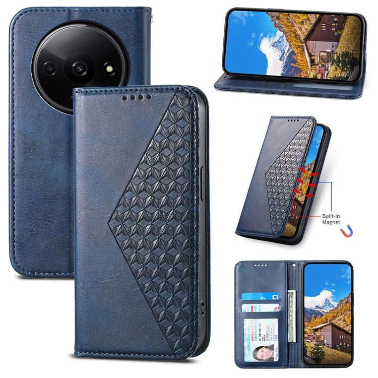 For Xiaomi Redmi A3 Case PU Leather+TPU Rhombus Imprinted Phone Cover Wallet