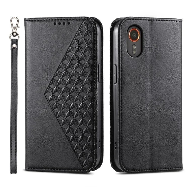 For Samsung Galaxy Xcover 7 Case PU Leather+TPU Rhombus Imprinted Cell Phone Stand Cover