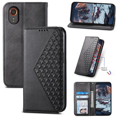 For Samsung Galaxy Xcover 7 Case PU Leather+TPU Rhombus Imprinted Cell Phone Stand Cover