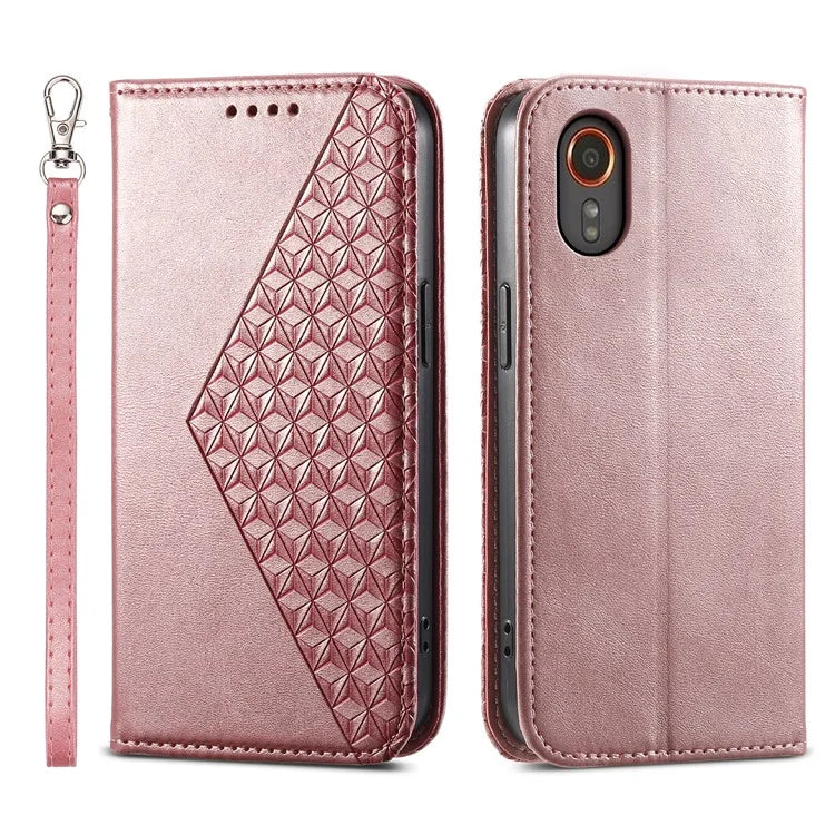 For Samsung Galaxy Xcover 7 Case PU Leather+TPU Rhombus Imprinted Cell Phone Stand Cover