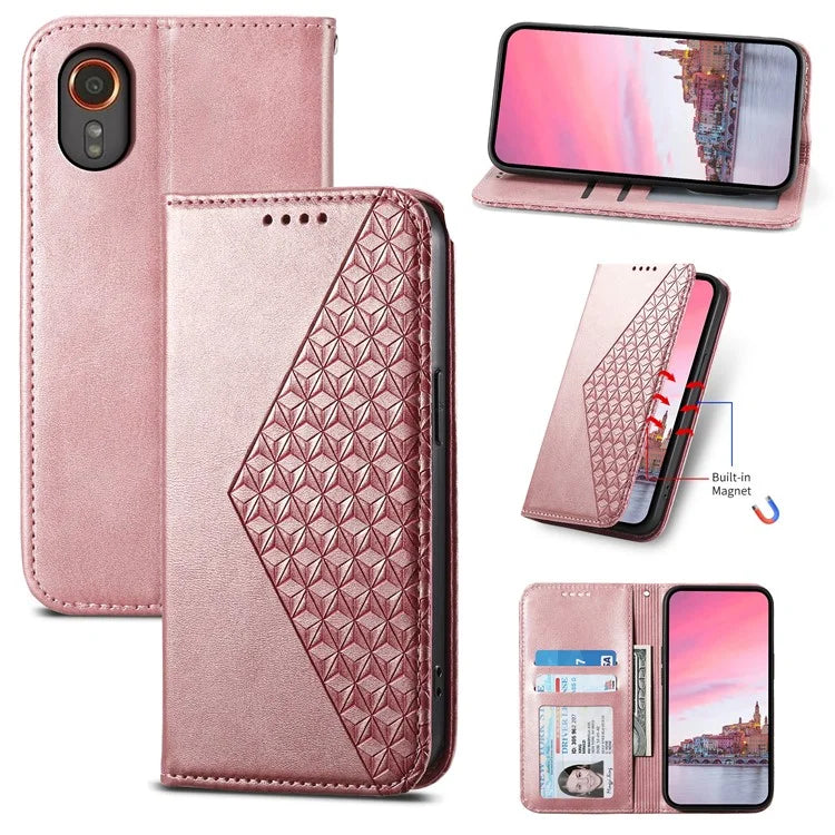 For Samsung Galaxy Xcover 7 Case PU Leather+TPU Rhombus Imprinted Cell Phone Stand Cover