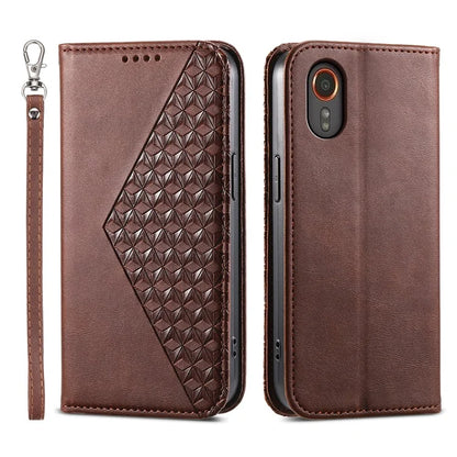 For Samsung Galaxy Xcover 7 Case PU Leather+TPU Rhombus Imprinted Cell Phone Stand Cover