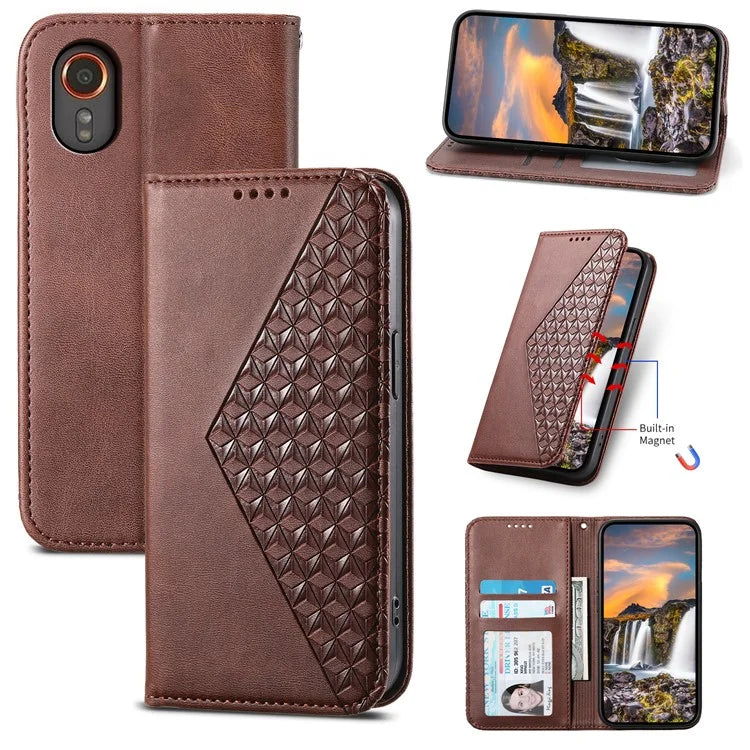 For Samsung Galaxy Xcover 7 Case PU Leather+TPU Rhombus Imprinted Cell Phone Stand Cover