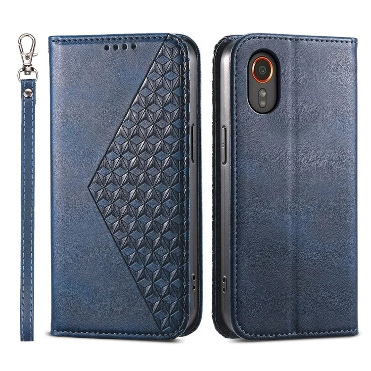For Samsung Galaxy Xcover 7 Case PU Leather+TPU Rhombus Imprinted Cell Phone Stand Cover
