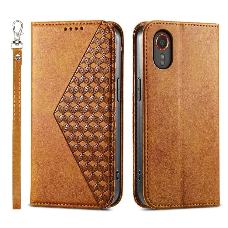 For Samsung Galaxy Xcover 7 Case PU Leather+TPU Rhombus Imprinted Cell Phone Stand Cover