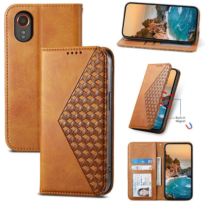 For Samsung Galaxy Xcover 7 Case PU Leather+TPU Rhombus Imprinted Cell Phone Stand Cover