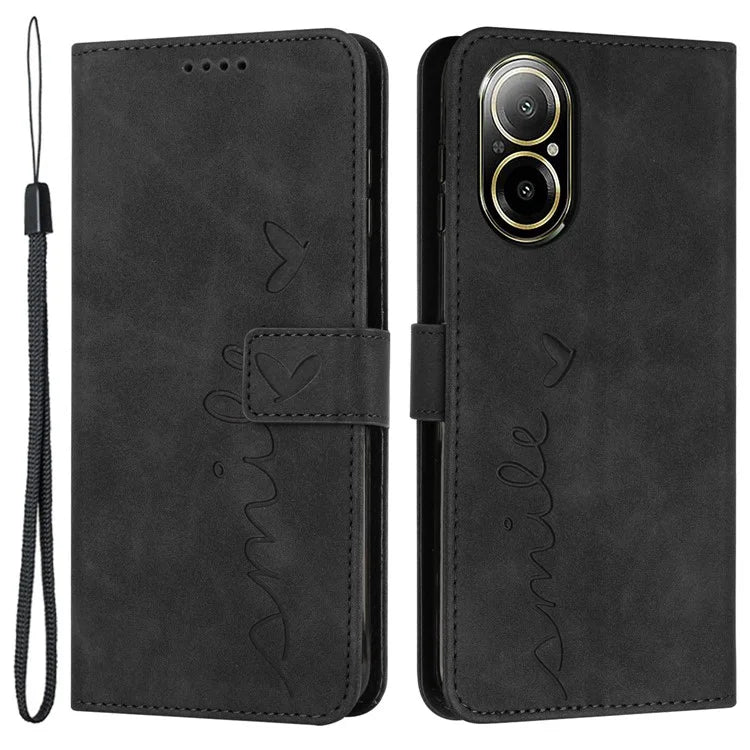 For Realme C67 4G Case with Strap Heart Imprinted PU Leather Phone Cover