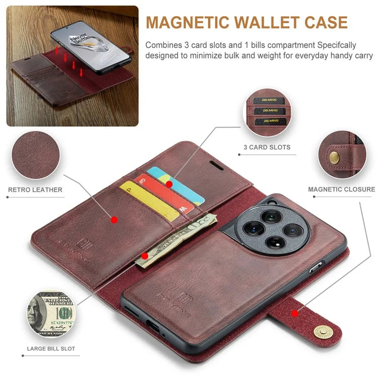 DG.MING for OnePlus 12 5G Case Detachable Split Leather Phone Cover with Stand Wallet