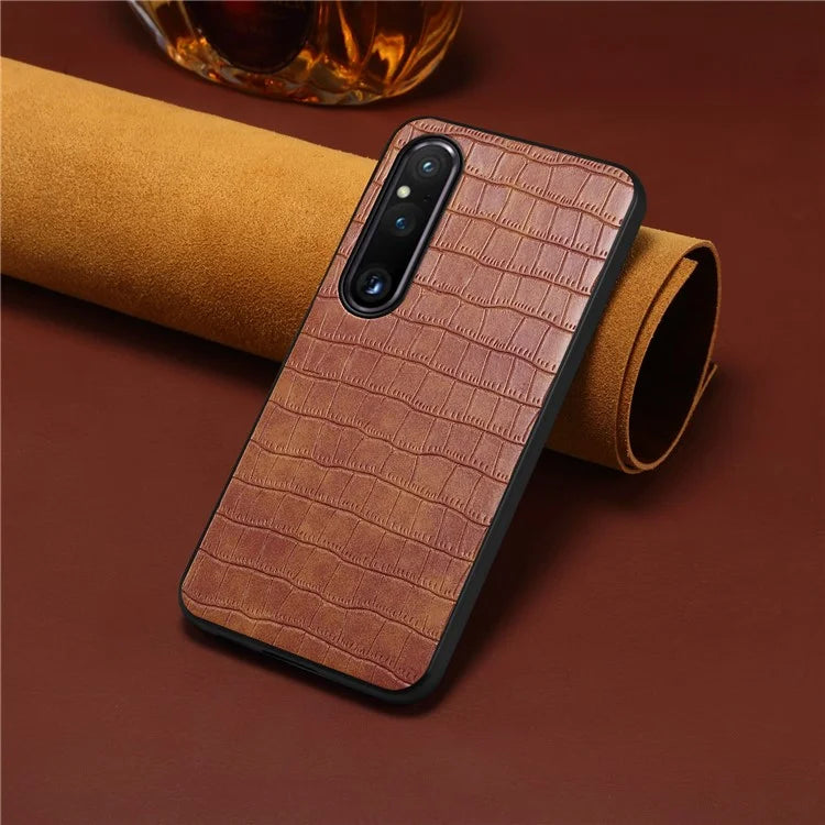 For Sony Xperia 1 V Case PU Leather Coated PC+TPU Phone Cover Cool Crocodile Pattern Textured