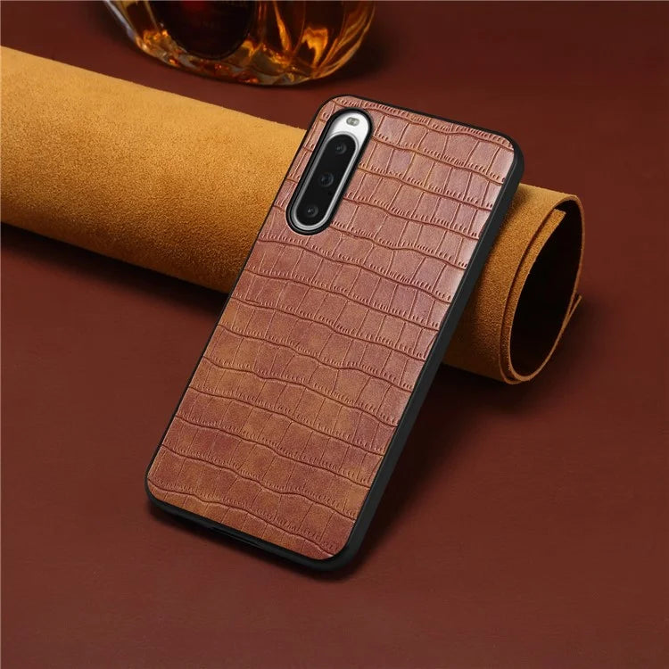 For Sony Xperia 10 V Case Anti-Drop Leather Coated PC+TPU Crocodile Texture Back Cover