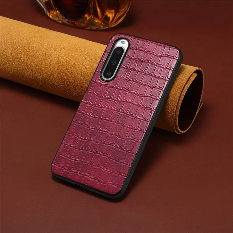 For Sony Xperia 10 V Case Anti-Drop Leather Coated PC+TPU Crocodile Texture Back Cover