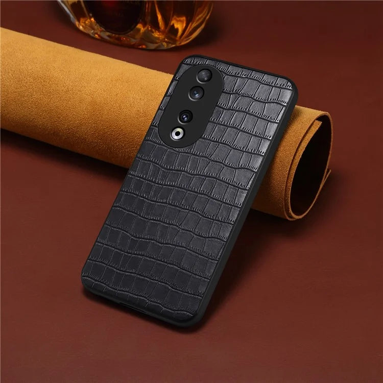 For Honor 90 Back Case Leather Coated PC+TPU Crocodile Texture Shock Absorbing Phone Shell