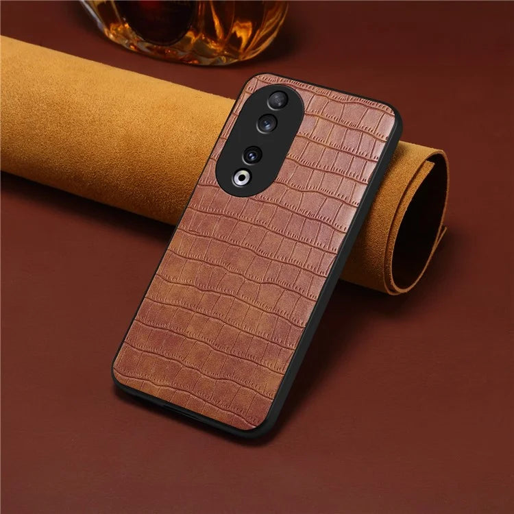 For Honor 90 Back Case Leather Coated PC+TPU Crocodile Texture Shock Absorbing Phone Shell
