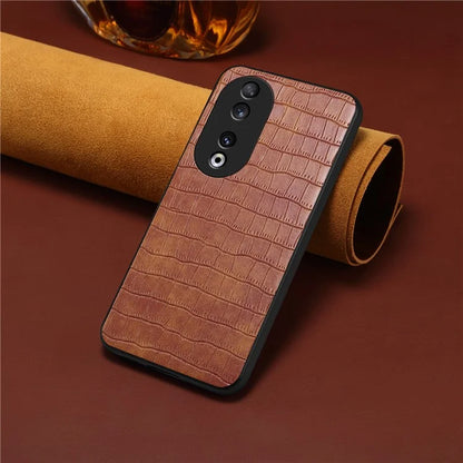 For Honor 90 Back Case Leather Coated PC+TPU Crocodile Texture Shock Absorbing Phone Shell