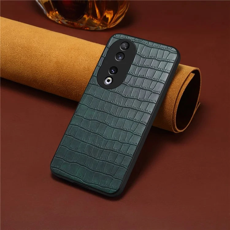 For Honor 90 Back Case Leather Coated PC+TPU Crocodile Texture Shock Absorbing Phone Shell
