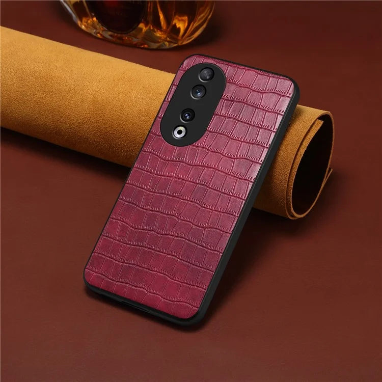 For Honor 90 Back Case Leather Coated PC+TPU Crocodile Texture Shock Absorbing Phone Shell