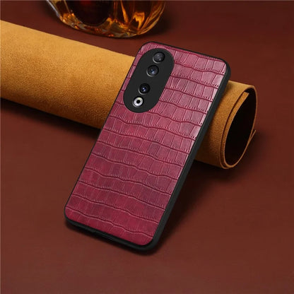 For Honor 90 Back Case Leather Coated PC+TPU Crocodile Texture Shock Absorbing Phone Shell