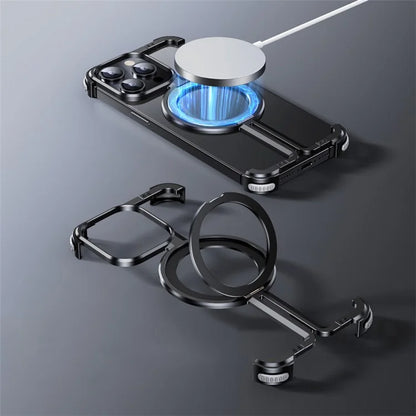 For iPhone 15 Pro Frameless Case Compatible with MagSafe Metal + TPU Kickstand Phone Cover
