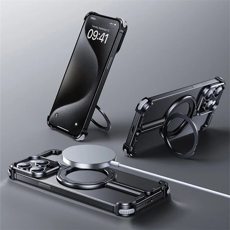 For iPhone 15 Pro Frameless Case Compatible with MagSafe Metal + TPU Kickstand Phone Cover