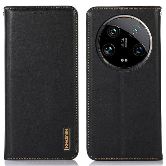 KHAZNEH For Xiaomi 14 Ultra Case RFID Blocking Wallet Genuine Cow Leather Phone Cover