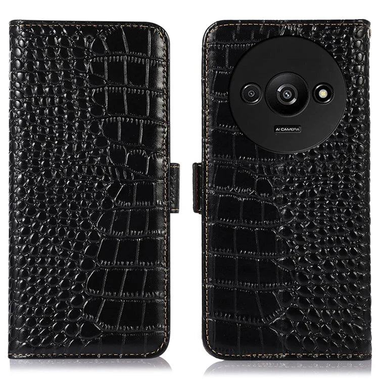 For Xiaomi Redmi A3 Case Genuine Cow Leather Wallet Phone Cover Crocodile Texture