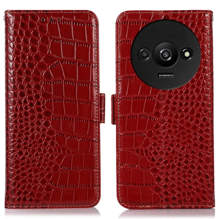 For Xiaomi Redmi A3 Case Genuine Cow Leather Wallet Phone Cover Crocodile Texture